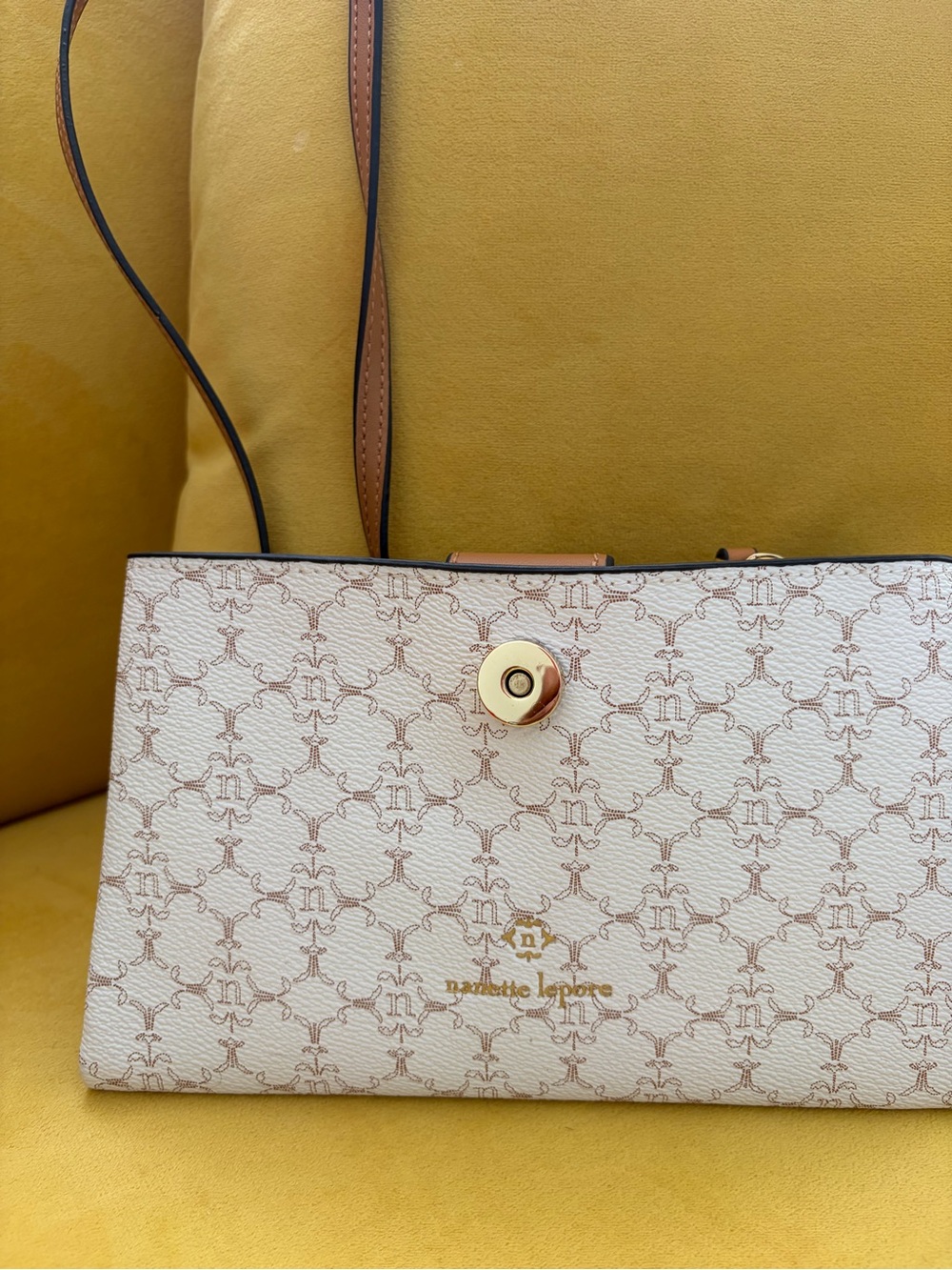 Nanette Lepore Cream & Tan Logo-Print Shoulder Bag with Gold Hardware